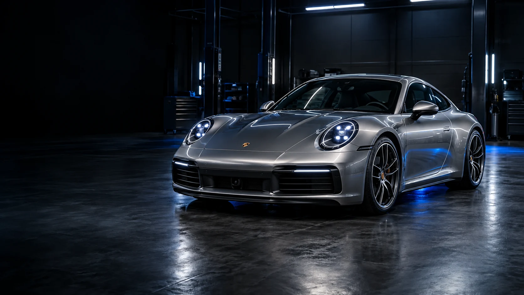 Серебристый Porsche 911 в тёмной технологичной мастерской